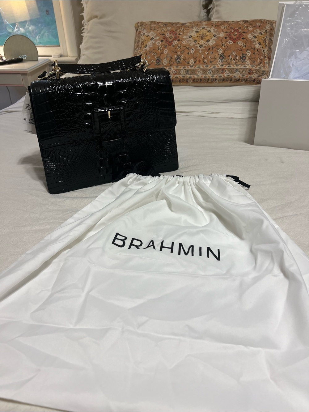 Brahmin Hallie Melbourne Black Croc-Embossed Leather Satchel - Picture 4 of 11